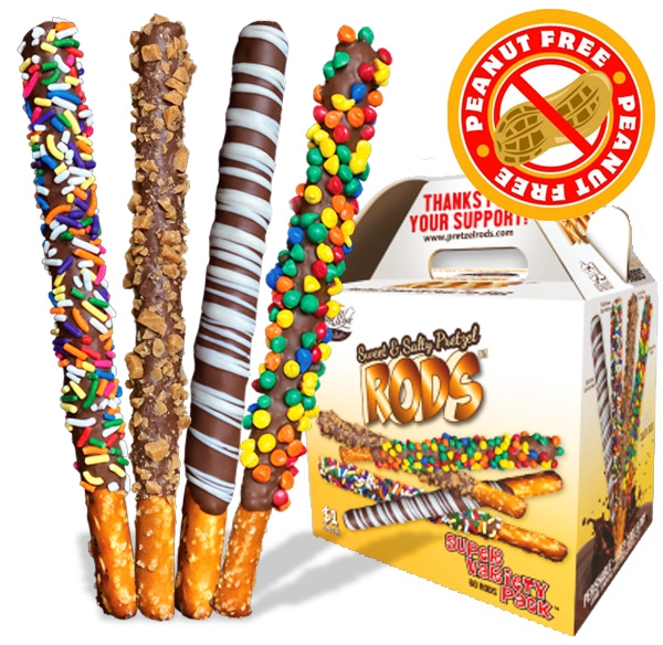 pretzel rod carrier and 3 pretzel rods covered in chocolate